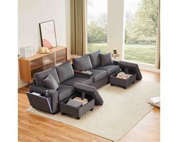 U-bank - 334x128.5x81 cm - Met 2 Hockers en LED - Bekerhouder en USB - Ribstof - Grijs