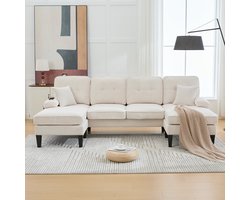 U-Bank ,4-zits bank Beige - Linnen Stof - Met Twee Chaise Longues - Moderne Rugleuning - Inclusief Decoratieve Kussens