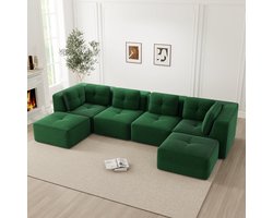 U-Bank, 4-Zits Bank, Modulaire Woonkamerbank Zonder Frame, Modulaire Hoekbank, U-vormige Bank met Poef, Diepe Slaapbank, Antislip Ontwerp, Geen Montage Nodig-Groente