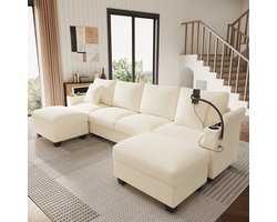 U-Bank, 4-Zits Bank, U-vormige Woonruimte met Slaapfunctie, Modulaire Koordbank, Hoekbank met Mobiele Telefoonhouder en USB-oplaadpoort, Geschikt voor Woonkamer, Slaapkamer en Appartement, Beige