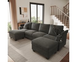 U-Bank, 4-Zits Bank, U-vormige Woonruimte met Slaapfunctie, Modulaire Koordbank, Hoekbank met Mobiele Telefoonhouder en USB-oplaadpoort, Geschikt voor Woonkamer, Slaapkamer en Appartement, Grijs
