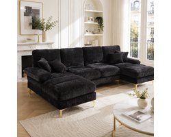 U-bank 4-zits Chenille Hoekbank - Moderne Grote Lounge Bank Met Dubbele Longchair, Zachte Zitcomfort, Gouden Metalen Poten, Voor Woonkamer Appartement Zwart