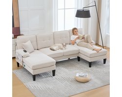 U-bank - 4-zits - Luxe U-vorm Bank - Met Dubbele Chaiselongue en Kussens - Linnen - Beige