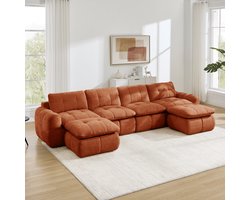 U-bank - 4-Zits Modulair - Zacht Chenille Met Gestikt Patroon En 2 Ottomans - Voor Woonkamer En Appartement - Oranje