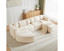 U-Bank, 4-Zitsbank, Moderne Hoekbank, Modulaire Slaapbank met Slaapfunctie, Volledig Gecomprimeerde Wolkenbank, Chenille, Geen Montage, B292 x D165x H68 cm-Beige