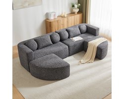 U-Bank, 4-Zitsbank, Moderne Hoekbank, Modulaire Slaapbank met Slaapfunctie, Volledig Gecomprimeerde Wolkenbank, Chenille, Geen Montage, B292 x D165x H68 cm-Zwart