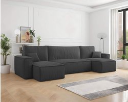 U-bank Frenkie - Ribstof - Antraciet - Slaapbank met opbergruimte - Lounge Links én Rechts - Direct Leverbaar - U-zetel - Chaise longue - Zetel met slaapgedeelte - 4 zits - Zitcomfort Medium
