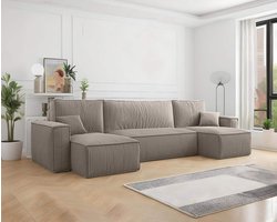 U-bank Frenkie - Ribstof - Beige - Slaapbank met opbergruimte - Lounge Links én Rechts - Direct Leverbaar - U-zetel - Chaise longue - Zetel met slaapgedeelte - 4 zits - Zitcomfort Medium
