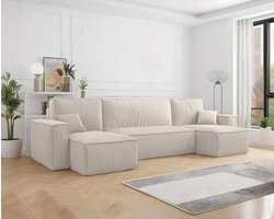 U-bank Frenkie - Ribstof - Creme - Slaapbank met opbergruimte - Lounge Links én Rechts - Direct Leverbaar - U-zetel - Chaise longue - Zetel met slaapgedeelte - 4 zits - Zitcomfort Medium