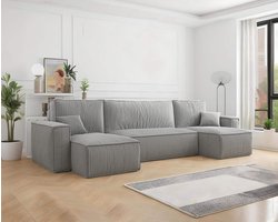 U-bank Frenkie - Ribstof - Grijs - Slaapbank met opbergruimte - Lounge Links én Rechts - Direct Leverbaar - U-zetel - Chaise longue - Zetel met slaapgedeelte - 4 zits - Zitcomfort Medium
