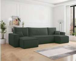 U-bank Frenkie - Ribstof - Groen - Slaapbank met opbergruimte - Lounge Links of Rechts - Direct Leverbaar - U-zetel - Chaise longue - Zetel met slaapgedeelte - 4 zits - Zitcomfort Medium