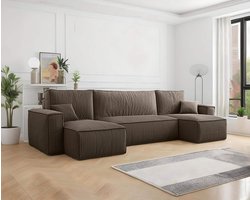 U-bank Frenkie - Ribstof - Taupe - Slaapbank met opbergruimte - Lounge Links of Rechts - Direct Leverbaar - U-zetel - Chaise longue - Zetel met slaapgedeelte - 4 zits - Zitcomfort Medium