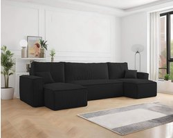 U-bank Frenkie - Ribstof - Zwart - Slaapbank met opbergruimte - Lounge Links én Rechts - Direct Leverbaar - U-zetel - Chaise longue - Zetel met slaapgedeelte - 4 zits - Zitcomfort Medium