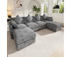 U-Bank Hoekbank, 4-Zitsbank, Modulaire U-/L-vormige Chenillebank met 2 Krukjes, Converteerbare Hoekbank met Verstelbare Armleuningen, Wolkbankontwerp, Inclusief 4 Sierkussens en 2 Hoofdsteunen, Chenillestof-Grijs