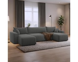 U-bank met opbergruimte Romee - Antraciet - Teddy stof - U-zetel - Slaapbank met opbergruimte - U-hoekzetel - Chaise longue - U-zetel met slaapgedeelte - 4 zits