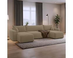 U-bank met opbergruimte Romee - Beige - Teddy stof - U-zetel - Slaapbank met opbergruimte - U-hoekzetel - Chaise longue - U-zetel met slaapgedeelte - 4 zits