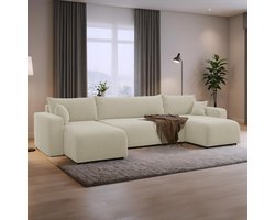 U-bank met opbergruimte Romee - Universeel - Teddy stof - Creme - Slaapbank met opbergruimte - Lounge Links of Rechts - Direct Leverbaar - U-zetel - Chaise longue - Zetel met slaapgedeelte - 4 zits - Zitcomfort Medium