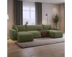 U-bank met opbergruimte Romee - Universeel - Teddy stof - Groen - Slaapbank met opbergruimte - Lounge Links of Rechts - Direct Leverbaar - U-zetel - Chaise longue - Zetel met slaapgedeelte - 4 zits - Zitcomfort Medium