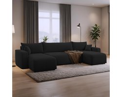 U-bank met opbergruimte Romee - Zwart - Teddy stof - U-zetel - Slaapbank met opbergruimte - U-hoekzetel - Chaise longue - U-zetel met slaapgedeelte - 4 zits