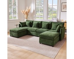 U-Bank, Moderne Hoekbank, 4-Zitsbank, Modulaire Bank, Omvormbaar in U-vorm en L-vorm, met 2 Krukken en 6 Kussens, moderne Bankstel in Chenillestof, Geschikt voor Woonkamer, Appartement en Diverse Woonruimtes-Groente