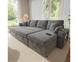 U-Bank, Moderne Hoekbank, 4-Zitsbank, U-vormige Hoekbank met Slaapfunctie, Uitschuifbaar Slaapbank, Geïntegreerde Opbergruimte, Dubbele Chaise Longue met Verborgen Opbergruimte, Bekerhouder, USB-oplaadpoort en Armleuningplank- Grijs