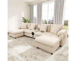 U-Bank Modulaire U- en L-vormige Corduroy Bank met Bluetooth-luidspreker en Console, L-Bank Hoekbank met Opbergruimte, Draadloos Opladen, USB-poorten, Bekerhouders en Kussens, Beige