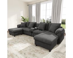 U-Bank Modulaire U- en L-vormige Corduroy Bank met Bluetooth-luidspreker en Console, L-Bank Hoekbank met Opbergruimte, Draadloos Opladen, USB-poorten, Bekerhouders en Kussens, Grijs