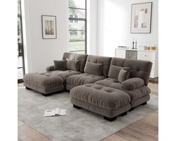 U Hoekbank 3 Zits - Luxe Modulaire Cloud Bank Chenille - Grote Hoek Sofa Met Hocker En Diepe Zit - Comfortabele Slaapbank Zonder Montage - Moderne Lounge Bank Voor Woonkamer - Bruin