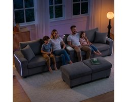 U Hoekbank - Ribstof 4 Zits Lounge Bank Met LED Verlichting - USB En Type-C Oplaadfunctie - Grote U Vormige Sofa Met 2 Hockers, Opbergruimte En Leeslamp - Moderne Bank Voor Woonkamer - Grijs