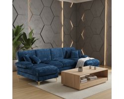 U-vorm Bank 272x136x88 cm – Luxe Modulaire Loungebank met Dubbele Chaise & Traagschuim, Grote Hoekbank met Verstelbare Hoofdsteunen, Extra Zachte Stof – Blauw – MedaHomeStore