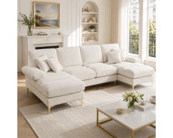 U-Vorm Hoekbank met Dubbele Chaise Longue – Grote Chenille Lounge Bank 6-7 Personen – Luxe Woonkamerbank met Gouden Poten – Opbergvak Armleuning – Inclusief 6 Kussens