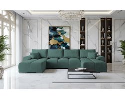 U-vorm Hoekbank met Slaapfunctie en Opbergruimte – Luxe Fluwelen Slaapbank 365x189 cm – Comfortabele Bank met Bedfunctie, Kussens & Versterkt Frame – Groen Velvet Hoekbank – Novihome