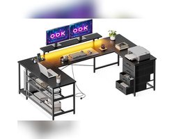 U-Vormig Gamingbureau met LED 167x102 cm – Omkeerbaar Hoekbureau met 4 Laden, Monitorstandaard, 2 Stopcontacten & 2 USB-poorten | Zwart