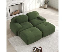 U-Vormige 2-Zits Bank Met Gebogen Armleuning – Ribfluweel Huidvriendelijk – 32D Hoog-Elastisch Schuim – Comfortabel En Duurzaam – Stevig En Antislip – Inclusief Kussens En 2 Verplaatsbare Hockers – Modulair Frame-Loos Ontwerp – 208×178×75Cm – Groen