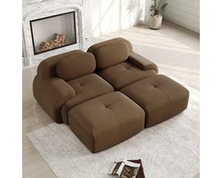 U-Vormige 2-Zits Bank Met Gebogen Armleuning – Ribfluweel Huidvriendelijk – 32D Hoog-Elastisch Schuim – Comfortabel En Duurzaam – Stevig En Antislip – Inclusief Kussens En 2 Verplaatsbare Hockers – Modulair Frame-Loos Ontwerp – 208×178×75Cm – Bruin