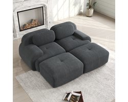 U-Vormige 2-Zits Bank Met Gebogen Armleuning – Ribfluweel Huidvriendelijk – 32D Hoog-Elastisch Schuim – Comfortabel En Duurzaam – Stevig En Antislip – Inclusief Kussens En 2 Verplaatsbare Hockers – Modulair Frame-Loos Ontwerp – 208×178×75Cm – Grijs