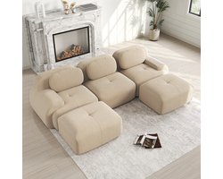U-Vormige 3-Zits Bank Met Gebogen Armleuning – Ribfluweel Huidvriendelijk – 32D Hoog-Elastisch Schuim – Comfortabel En Duurzaam – Stevig En Antislip – Inclusief Kussens En 2 Verplaatsbare Hockers – 298×178×75Cm – Beige
