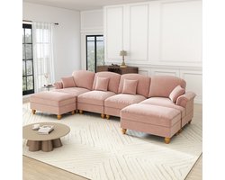 U-vormige 4-zits bank - mid-eeuws modern stijl - met trompetvormige armleuningen - afneembare geplooide rok - poef - roze