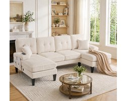 U-vormige 4-Zits Hoekbank met Dubbele Chaise Longue – Moderne Corduroy Bank met USB/Type-C, Beige