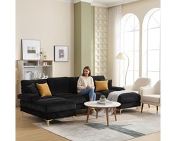 U-vormige bank 272x136x88 cm – Luxe Chenille Hoekbank met 2 Chaise Longues, Verstelbare Hoofdsteunen & Traagschuim – Grote Modulaire Familiebank – Zwart – MedaHomeStore