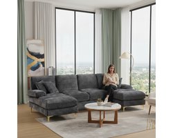 U-vormige bank 272x136x88 cm – Luxe Modulaire Hoekbank met Dubbele Chaise & Traagschuim, Verstelbare Hoofdsteunen, Grote Comfortabele Loungebank – Grijs – MedaHomeStore