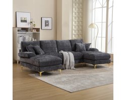 U-Vormige Bank – Hoekbank – Loungebank – Moderne Bank – Chenille Bekleding – Houten Frame – Gouden Metalen Poten