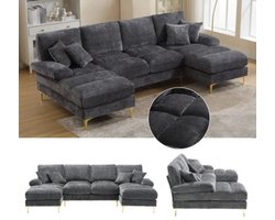 U-Vormige Bank – Hoekbank – Loungebank – Moderne Bank – Chenille Bekleding – Houten Frame – Gouden Metalen Poten