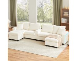 U-vormige corduroy bank – inclusief twee poefs, leeslampjes, opklapbare plank, bekerhouders en USB/Type-C-aansluitingen – armleuningen aan beide zijden – voorzien van decoratieve ledverlichting – beige – afmetingen: 334 x 128,5 x 81 cm