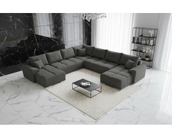 U-vormige Fluwelen Hoekbank met Slaapfunctie en Opbergruimte – Luxe Uittrekbare Slaapbank 365x189 cm – Donkergrijs Hoekbank met Bedfunctie en Kussens – Novihome