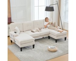 U-vormige Hoekbank 4-Zits - Corduroy Sofa met Dubbele Chaise Longue - 250 cm - Beige