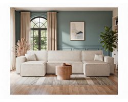 U-vormige Hoekbank met Slaapfunctie 312 x 145 cm – Crème Bouclé Hoekbank met Opbergruimte, 5-Zits Design Bank, Omvormbaar Tot Bed 125 x 265 cm – Moderne Grote Familiebank – Depauw