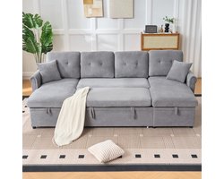 U-vormige Hoekbank met Slaapfunctie en Opbergbox, Grote Slaapbank met Extra Opbergruimte, Comfortabele Chenille Bank voor Woonkamer of Gastenkamer, Grote Bank, Grijs