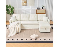 U-vormige Hoekbank met Slaapfunctie en Opbergbox, Grote Slaapbank met Extra Opbergruimte, Comfortabele Chenille Bank voor Woonkamer of Gastenkamer, Grote Bank, Beige