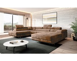 U-vormige Hoekbank met Slaapfunctie en Opbergruimte - 345x72x205 cm - Fluwelen Bank in Beige